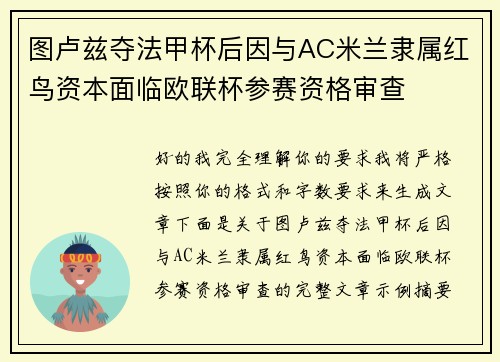 图卢兹夺法甲杯后因与AC米兰隶属红鸟资本面临欧联杯参赛资格审查 图卢兹夺法甲杯后因与AC米兰隶属红鸟资本面临欧联杯参赛资格审查