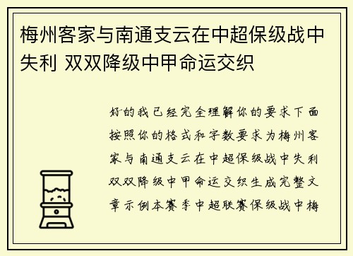 梅州客家与南通支云在中超保级战中失利 双双降级中甲命运交织 梅州客家与南通支云在中超保级战中失利 双双降级中甲命运交织