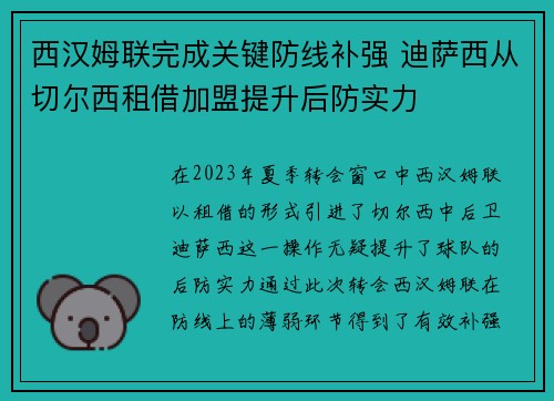 西汉姆联完成关键防线补强 迪萨西从切尔西租借加盟提升后防实力 西汉姆联完成关键防线补强 迪萨西从切尔西租借加盟提升后防实力